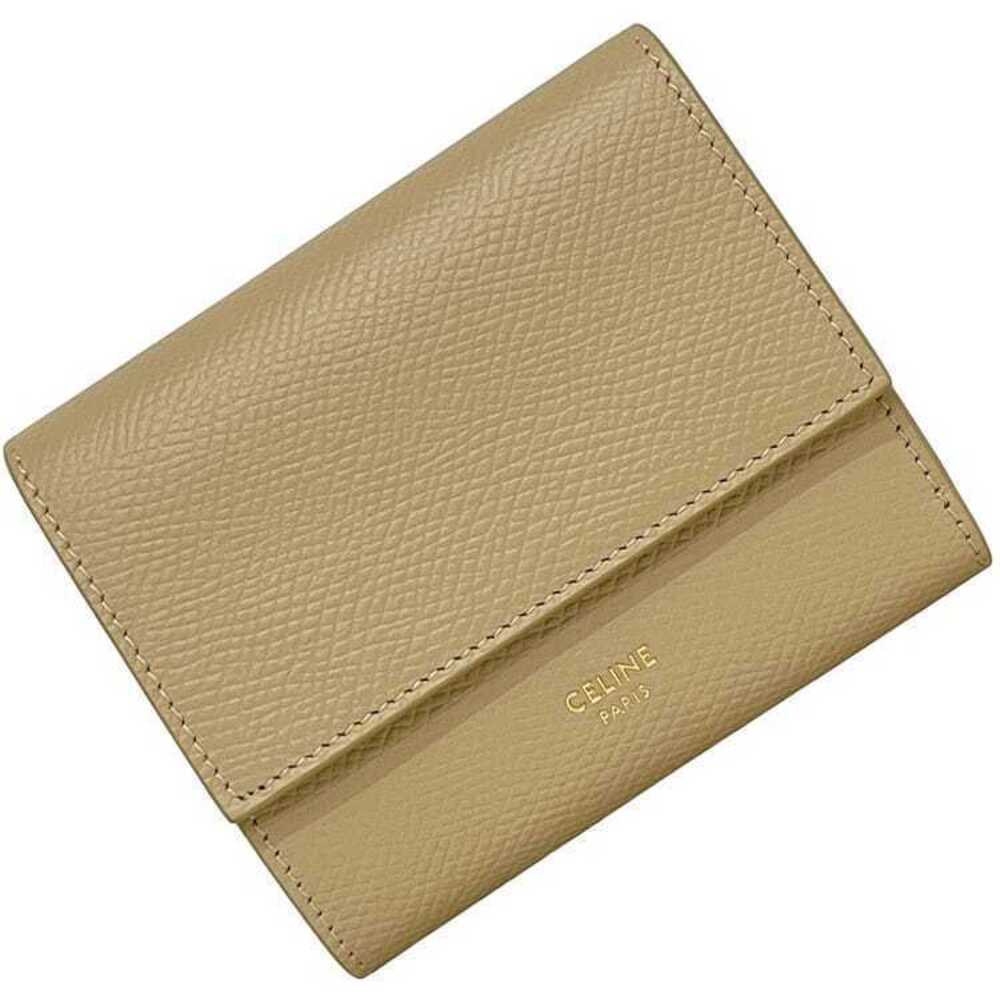 Celine Trifold Wallet Beige Leather Snap Compact Grain Folding Tan